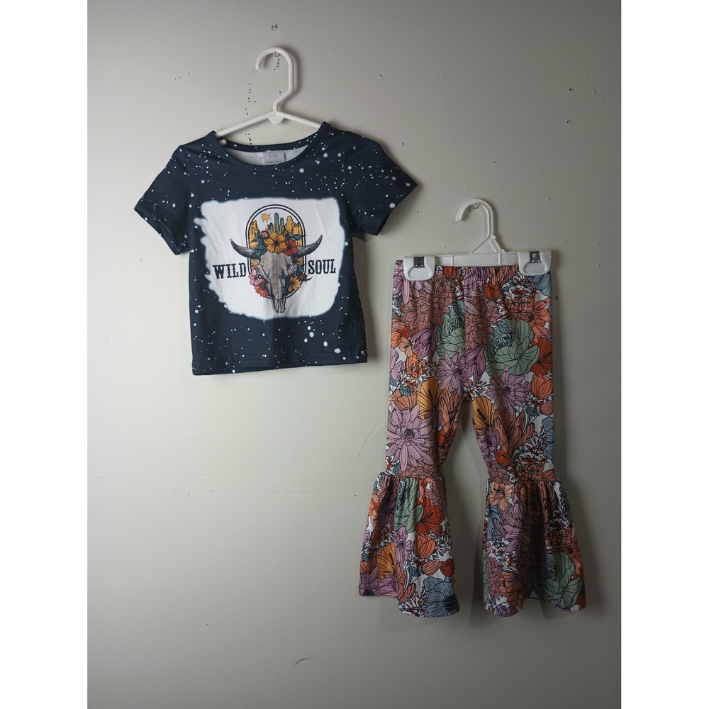 Wild Soul Western Cow Skull Graphic Tee and Floral Bell Bottom Set 1-2Y Navy